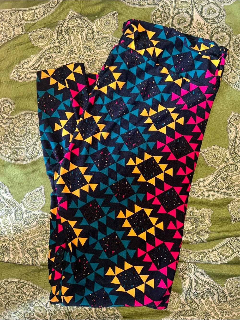 LuLaRoe Black Leggings with Yellow, Teal & Pink Geometric Print